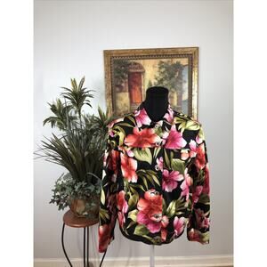 Caribbean Joe Women's Blazer Top Blouse Size M Long Sleeves Black Multicolor